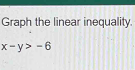 Graph the linear inequality.
x-y>-6