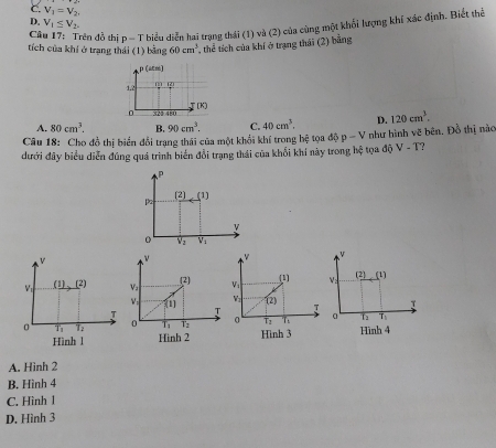 C V_1=V_2,
D. V_1≤ V_2.
C drên đồ thị p = T biểu diễn hai trạng thái (1) và (2) của cùng một khối lượng khí xác định. Biết thể
tích của khí ở trạng thái (1) bằng 60cm^3 thể tích của khí ở trạng thái (2) bảng
p(ateendpmatrix
1.2 _ overline m-(2_ 

0 320 480  (K)
A. 80cm^3. B. 90cm^3. C. 40cm^3. D. 120cm^3.
Câu 18: Cho đồ thị biển đổi trạng thái của một khổi khí trong hc tọa dhat op-V ?
dưới đây biểu diễn đúng quá trình biển đổi trạng thái của khổi khí này trong hệ tọa độ như hình vẽ bên. Đồ thị nào
V-T

Hình 4
Hình l Hinh 2 Hình 3
A. Hình 2
B. Hình 4
C. Hình 1
D. Hình 3