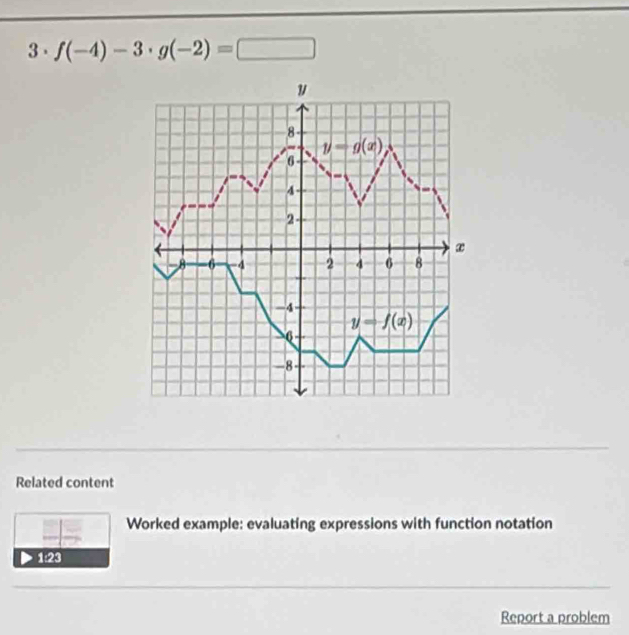 3· f(-4)-3· g(-2)=□
Related content
Worked example: evaluating expressions with function notation
1:23
Report a problem