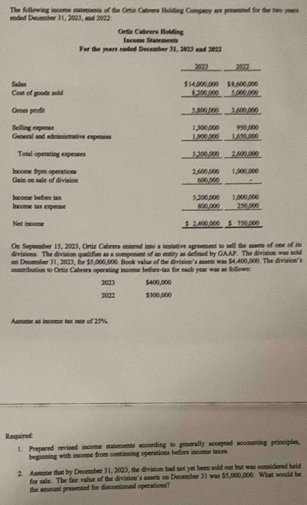 The following income statements of the Ortiz Cabrers Holding Company are presented for the two years
ended December 31, 2023, and 2022. 
Ortiz Cabrera Holding 
Income Statements 
For the years ended December 31, 2023 and 2022 
_ 2023 2022 _ 
Sales $14,800,000 $2,600,800
Cost of goods sold 8,200,000 5,000,000
Groes profit 5,200,000 3,600,000
Selling expense 1,300,000 950,000
General and administrative expenses a 1,900,000 1,650,000
Total operating expenses 3,200,000 2,600,000
Income frpm operations 2,600,000 1,000,000
Gain on sale of division 600,000
Income before tax 3,200,000 1,000,000
Income tax expense 800,000 250,000
Net income $ 2,400,000 $ 750,000
On September 15, 2023, Ortiz Cabrera entered into a tentative agreement to sell the assets of one of its 
divisions. The division qualifies as a component of an entity as defined by GAAP. The division was sold 
on December 31, 2023, for $5,000,000. Book value of the division’s assets was $4,400,000. The division’s 
contribution to Ortiz Cabrers operating income before-tax for each year was as follows: 
2023 $400,0 $0
2022 $300,000
Assume as income tax rate of 25%. 
Required: 
1. Prepared revised income statements according to generally accepted accounting principles, 
beginning with income from continuing operations before income taxes. 
2. Assume that by December 31, 2023, the division had not yet been sold out but was considered held 
for sale. The fair vale of the division's assets on December 31 was $5,000,000. What would be 
the amount presented for discontinued operations?