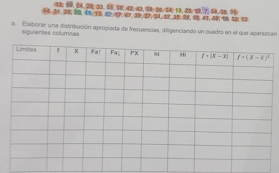 13, 15, 24, 28, 33, 35, 38, 42, 43, 38, 36, 34, 19, 25, 17, 7, 34, 36, 39,
44, 31, 26, 20, 11, 13, 22, 17, 47, 39, 37, 34, 32, 35, 28, 38, 41, 58, 15, 32, 13.
a. Elaborar una distribución apropiada de frecuencias, diligenciando un cuadro en el que aparezcan
siguientes columnas