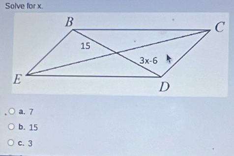 Solve for x.
a. 7
b. 15
c. 3