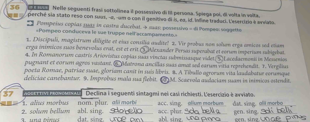 us e suus Nelle seguenti frasi sottolinea il possessivo di III persona. Spiega poi, di volta in volta, 
perché sia stato reso con suus, -α, -um o con il genitivo di is, eα, id. Infine traduci. L'esercizio è avviato. 
I Pompeius copias suas in castra ducebat. → suas: possessivo = di Pompeo: soggetto 
«Pompeo conduceva le sue truppe nell’accampamento.» 
1. Discipuli, magistrum diligite et eius consilia audite! 2. Vir probus non solum erga amicos sed etiam 
erga inimicos suos benevolus erat, est et erit. 3. Alexander Persas superabat et eorum imperium subigebat. 
4. In Romanorum castris Ariovistus copias suas vinctas submissasque videt.(5.)Lacedaemonii in Messenios 
pugnant et eorum agros vastant. 6. Matrona ancillas suas amat sed earum vitia reprehendit. 7. Vergilius 
poeta Romae, patriae suae, gloriam canit in suis libris. 8. A Tibullo agrorum vita laudabatur eorumque 
deliciae canebantur. 9. Improbus mala sua flebit. 10. M. Scaevola audaciam suam in inimicos ostendit. 
37 AGGETTIVI PRONOMINALI Declina i seguenti sintagmi nei casi richiesti. Lesercizio è avviato. 
1. alius morbus nom. plur. alii morbi acc. sing. alium morbum. dat. sing. alii morbo 
2. solum bellum abl. sing. _acc. plur. _gen. sing._ 
3. una Dinus dat. sing. abl. sing. gen. sing._