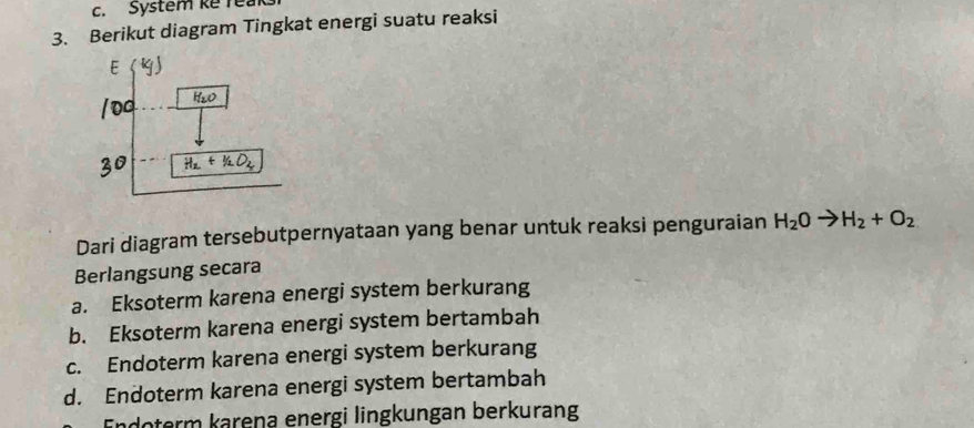 System ke reaks
3. Berikut diagram Tingkat energi suatu reaksi
Dari diagram tersebutpernyataan yang benar untuk reaksi penguraian H_2Oto H_2+O_2
Berlangsung secara
a. Eksoterm karena energi system berkurang
b. Eksoterm karena energi system bertambah
c. Endoterm karena energi system berkurang
d. Endoterm karena energi system bertambah
Endoterm karena energi lingkungan berkurang