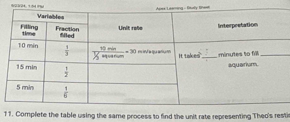 9/23/24, 1:54
11. Complete the table using the same process to find the unit rate representing Theo's restir