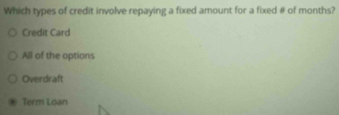 Which types of credit involve repaying a fixed amount for a fixed # of months?
Credit Card
All of the options
Overdraft
Term Loan