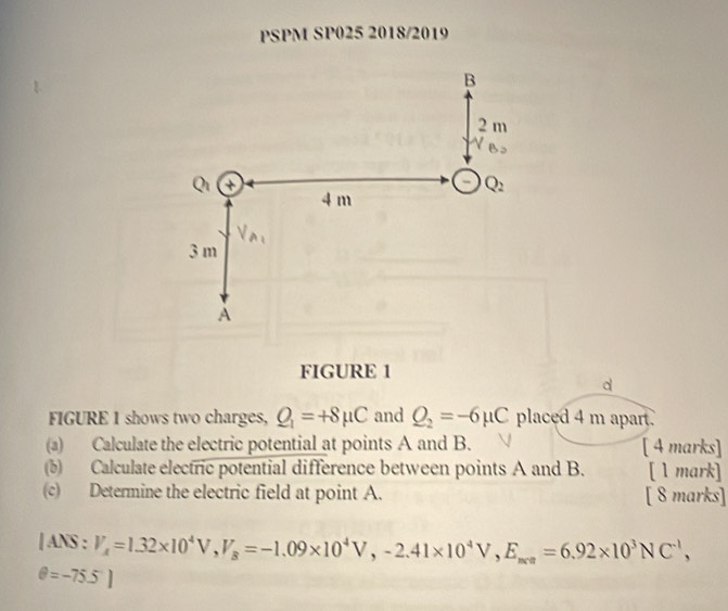 PSPM SP025 2018/2019
d
FIGURE 1 shows two charges, Q_1=+8mu C and Q_2=-6mu C placed 4 m apart.
(a) Calculate the electric potential at points A and B. [ 4 marks]
(b) Calculate electric potential difference between points A and B. [ 1 mark]
(c) Determine the electric field at point A. [ 8 marks]
| ANS : V_A=1.32* 10^4V,V_B=-1.09* 10^4V,-2.41* 10^4V,E_B_=6.92* 10^3NC^(-1),
θ =-75.5°]