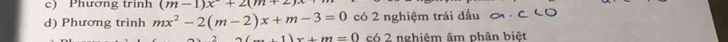 Phương trinh (m-1)x+2(m+2)x
d) Phương trình mx^2-2(m-2)x+m-3=0 có 2 nghiệm trái dấu c<0</tex>
(...1)x+m=0 có 2 nghiệm âm phân biệt