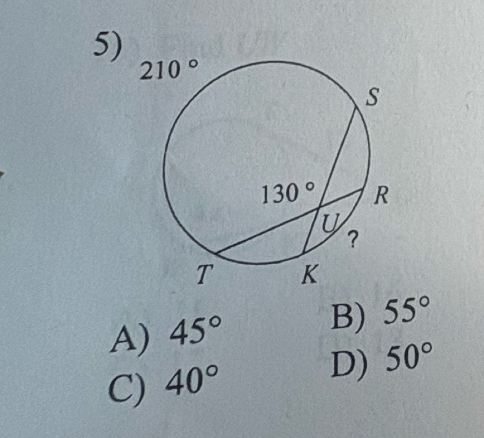 A) 45°
B) 55°
C) 40°
D) 50°