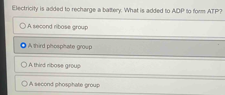 Electricity is added to recharge a battery. What is added to ADP to form ATP?
A second ribose group
A third phosphate group
A third ribose group
A second phosphate group