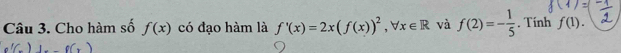 Cho hàm số f(x) có đạo hàm là f'(x)=2x(f(x))^2 , b x∈ R và f(2)=- 1/5 . Tính f(1).