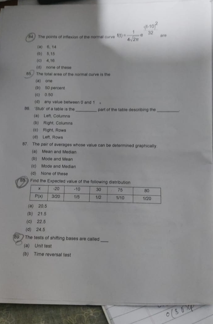 (1-10)²
84 The points of inflexion of the normal curve f(t)= 1/4sqrt(2π )  32 are
(a) 6. 14
(b) 5,15
(c) 4,16
(d) none of these
85 The total area of the normal curve is the
(a) one
(b) 50 percent
(c) 0.50
(d) any value between 0 and 1 。
86. 'Stub' of a table is the_ part of the table describing the_
(a) Left, Columns
(b) Right, Columns
(c) Right, Rows
(d) Left, Rows
87. The pair of averages whose value can be determined graphically.
(a) Mean and Median
(b) Mode and Mean
(c) Mode and Median
(d) None of these
88 Find the Expected value of the following distribution
(b) 21.5
(c) 22.5
(d) 24.5
89. The tests of shifting bases are called_
(a) Unit test
(b) Time reversal test