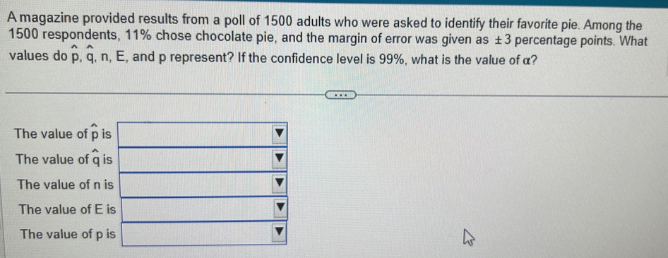 A magazine provided results from a poll of 1500 adults who were asked to identify their favorite pie. Among the
1500 respondents, 11% chose chocolate pie, and the margin of error was given as ± 3 percentage points. What
values do widehat p , q, n, E, and p represent? If the confidence level is 99%, what is the value of α?
The value of widehat p is
The value of widehat q is
The value of n is
The value of E is
The value of p is