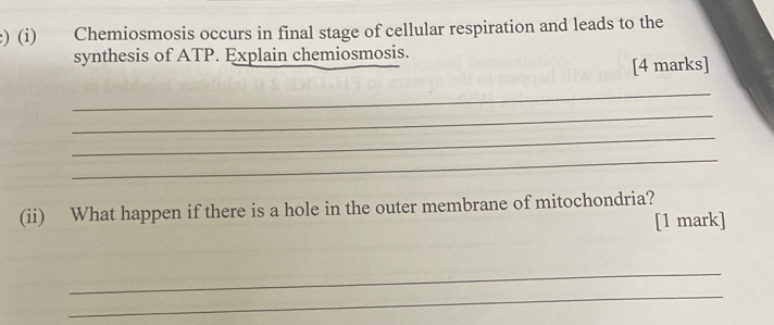 Chemiosmosis occurs in final stage of cellular respiration and leads to the 
synthesis of ATP. Explain chemiosmosis. 
[4 marks] 
_ 
_ 
_ 
_ 
(ii) What happen if there is a hole in the outer membrane of mitochondria? 
[1 mark] 
_ 
_