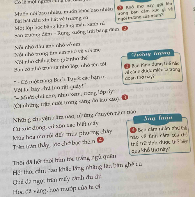 Có lễ một người cùng bắt di 
Muốn nói bao nhiêu, muốn khóc bao nhiêu 2 Khổ thơ này gợi lên 
Bài hát đầu xin hát về trường cũ trong bạn cảm xúc gì về 2
Một lớp học bâng khuâng màu xanh rủ ngôi trường của mình? 
Sân trường đêm - Rụng xuống trái bàng đêm. 2
Nỗi nhớ đầu anh nhớ về em 
Nỗi nhớ trong tim em nhớ về với mẹ 
Nỗi nhớ chẳng bao giờ nhớ thế Tưởng tượn 
Bạn có nhớ trường nhớ lớp, nhớ tên tôi. 3 Bạn hình dung thế nào 
về cảnh được miêu tả trong 
'- Có một nàng Bạch Tuyết các bạn ơi đoạn thơ này? 
Với lại bảy chú lùn rất quấy!'' 
'- Mười chú chứ, nhìn xem, trong lớp ấy'' 
(Ôi những trận cười trong sáng đó lao xao). 3 
Những chuyện năm nao, những chuyện năm nào 
Suy luận 
Cú xúc động, cứ xôn xao biết mấy 
Mùa hoa mơ rồi đến mùa phượng cháy 4 Bạn cảm nhận như thế 
Trên trán thầy, tóc chớ bạc thêm 4 nào về tình cảm của chủ 
thể trữ tình được thể hiện 
qua khổ thơ này? 
Thôi đã hết thời bím tóc trắng ngủ quên 
Hết thời cầm dao khắc lăng nhăng lên bàn ghế cũ 
Quả đã ngọt trên mấy cành đu đủ 
Hoa đã vàng, hoa mướp của ta ơi.