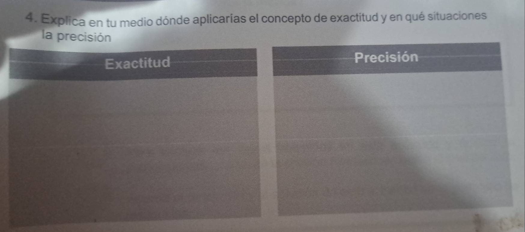 Explica en tu medio dónde aplicarías el concepto de exactitud y en qué situaciones 
la precisión