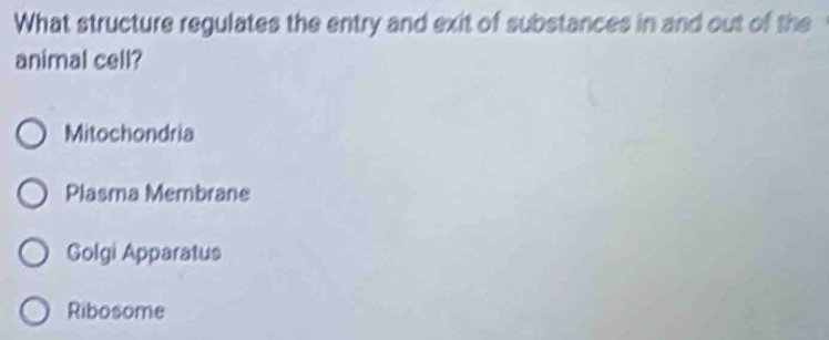 What structure regulates the entry and exit of substances in and out of the
animal cell?
Mitochondria
Plasma Membrane
Golgi Apparatus
Ribosome