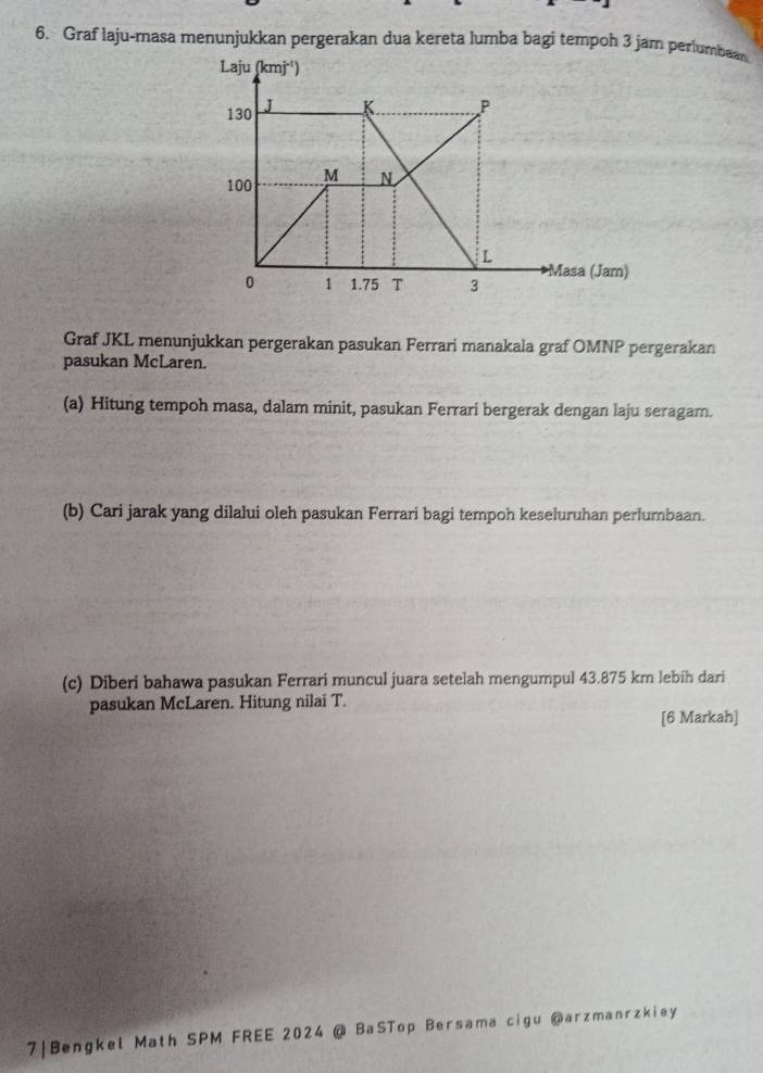 Graf laju-masa menunjukkan pergerakan dua kereta lumba bagi tempoh 3 jam perlumbaan
Graf JKL menunjukkan pergerakan pasukan Ferrari manakala graf OMNP pergerakan
pasukan McLaren.
(a) Hitung tempoh masa, dalam minit, pasukan Ferrari bergerak dengan laju seragam.
(b) Cari jarak yang dilalui oleh pasukan Ferrari bagi tempoh keseluruhan perlumbaan.
(c) Diberi bahawa pasukan Ferrari muncul juara setelah mengumpul 43.875 km lebíh dari
pasukan McLaren. Hitung nilai T.
[6 Markah]
7|Bengkel Math SPM FREE 2024 @ BaSTop Bersama cigu @arzmanrzkiey