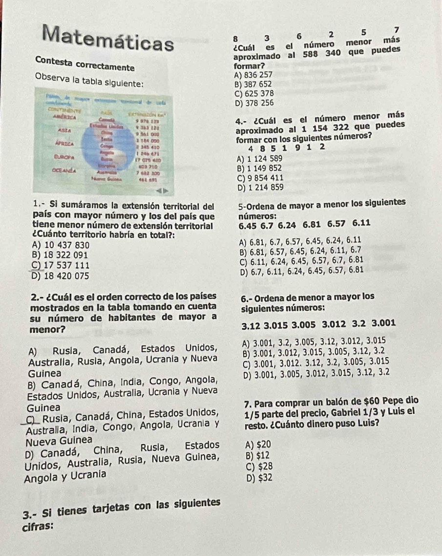 Matemáticas
8 3 6 2 5 7
¿Cuál es el número menor más
aproximado al 588 340 que puedes
Contesta correctamente formar?
A) 836 257
Observa la tabla siguien
B) 387 652
C) 625 378
D) 378 256
4.- ¿Cuál es el número menor más
aproximado al 1 154 322 que puedes
formar con los siguientes números?
4 8 5 1 9 1 2
A) 1 124 589
B) 1 149 852
C) 9 854 411
D) 1 214 859
1.- Si sumáramos la extensión territorial del 5-Ordena de mayor a menor los siguientes
país con mayor número y los del país que números:
tiene menor número de extensión territorial 6.45 6.7 6.24 6.81 6.57 6.11
¿Cuánto territorio habría en total?:
A) 10 437 830 A) 6.81, 6.7, 6.57, 6.45, 6.24, 6.11
B) 18 322 091 B) 6.81, 6.57, 6.45, 6.24, 6.11, 6.7
C) 17 537 111 C) 6.11, 6.24, 6.45, 6.57, 6.7, 6.81
D) 18 420 075 D) 6.7, 6.11, 6.24, 6.45, 6.57, 6.81
2.- ¿Cuál es el orden correcto de los países 6.- Ordena de menor a mayor los
mostrados en la tabla tomando en cuenta siguientes números:
su número de habitantes de mayor a
menor? 3.12 3.015 3.005 3.012 3.2 3.001
A) Rusia, Canadá, Estados Unidos, A) 3.001, 3.2, 3.005, 3.12, 3.012, 3.015
Australia, Rusia, Angola, Ucrania y Nueva B) 3.001, 3.012, 3.015, 3.005, 3.12, 3.2
Guinea C) 3.001, 3.012. 3.12, 3.2, 3.005, 3.015
B) Canadá, China, India, Congo, Angola, D) 3.001, 3.005, 3.012, 3.015, 3.12, 3.2
Estados Unidos, Australia, Ucrania y Nueva
Guinea 7. Para comprar un balón de $60 Pepe dio
C) Rusia, Canadá, China, Estados Unidos, 1/5 parte del precio, Gabriel 1/3 y Luis el
Australia, India, Congo, Angola, Ucrania y resto. ¿Cuánto dinero puso Luis?
Nueva Guinea
D) Canadá, China, Rusia, Estados A) $20
Unidos, Australia, Rusia, Nueva Guinea, B) $12
C) $28
Angola y Ucrania
D) $32
3.- Si tienes tarjetas con las siguientes
cifras: