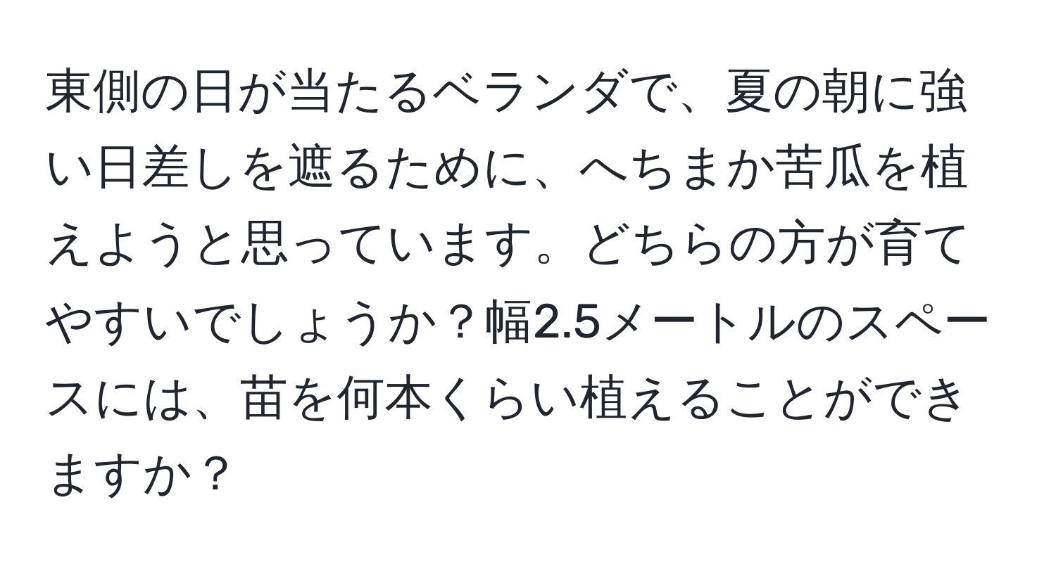 東側の日が当たるベランダで、夏の朝に強い日差しを遮るために、へちまか苦瓜を植えようと思っています。どちらの方が育てやすいでしょうか？幅2.5メートルのスペースには、苗を何本くらい植えることができますか？