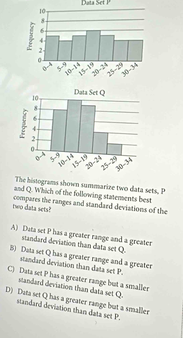 Data Set P
The histograms shown summarize two data sets, P
and Q. Which of the following statements best
compares the ranges and standard deviations of the
two data sets?
A) Data set P has a greater range and a greater
standard deviation than data set Q.
B) Data set Q has a greater range and a greater
standard deviation than data set P.
C) Data set P has a greater range but a smaller
standard deviation than data set Q.
D) Data set Q has a greater range but a smaller
standard deviation than data set P.