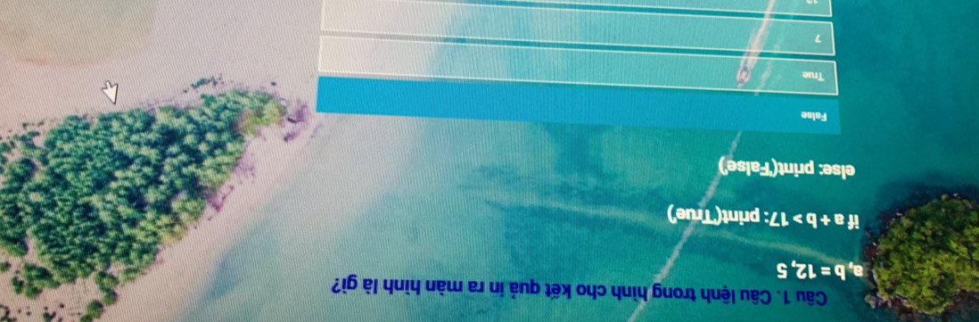 Câu lệnh trong hình cho kết quả in ra màn hình là gì?
a, b=12,5
if a+b>17 7: print ('True')
else: print('False')
False
True
7