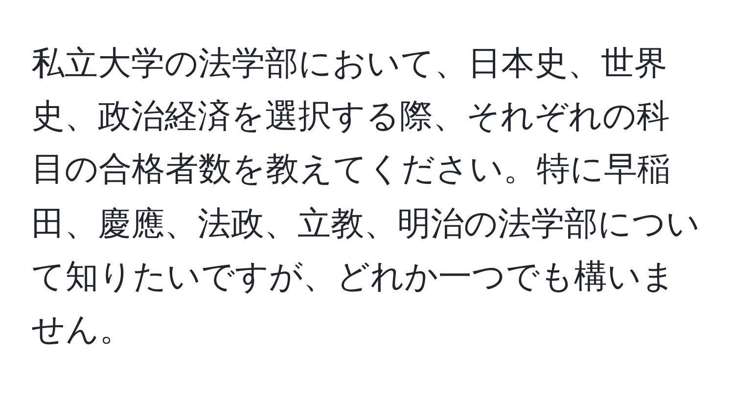 私立大学の法学部において、日本史、世界史、政治経済を選択する際、それぞれの科目の合格者数を教えてください。特に早稲田、慶應、法政、立教、明治の法学部について知りたいですが、どれか一つでも構いません。