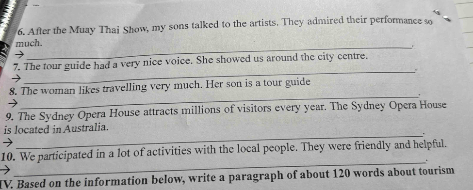 After the Muay Thai Show, my sons talked to the artists. They admired their performance so 
much. 
_. 
_ 
7. The tour guide had a very nice voice. She showed us around the city centre. 
8. The woman likes travelling very much. Her son is a tour guide 
_. 
9. The Sydney Opera House attracts millions of visitors every year. The Sydney Opera House 
is located in Australia. 
_. 
10. We participated in a lot of activities with the local people. They were friendly and helpful. 
_. 
IV. Based on the information below, write a paragraph of about 120 words about tourism