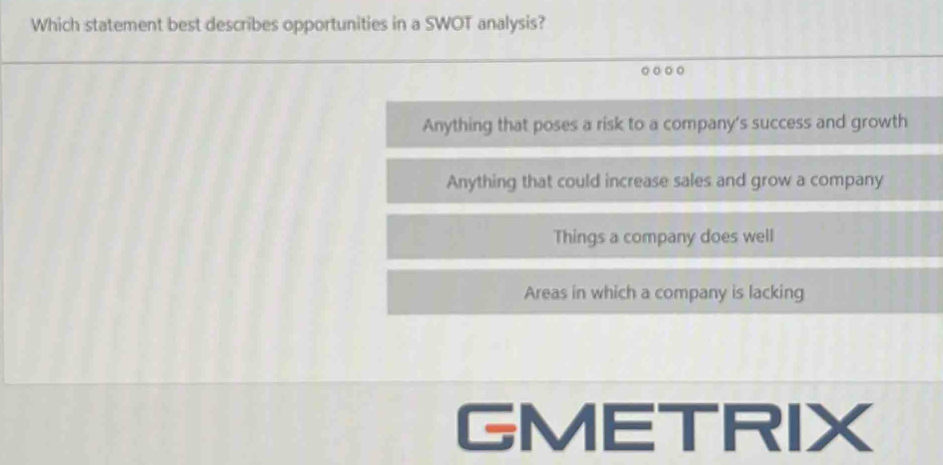 Which statement best describes opportunities in a SWOT analysis?
Anything that poses a risk to a company's success and growth
Anything that could increase sales and grow a company
Things a company does well
Areas in which a company is lacking
GMETRIX