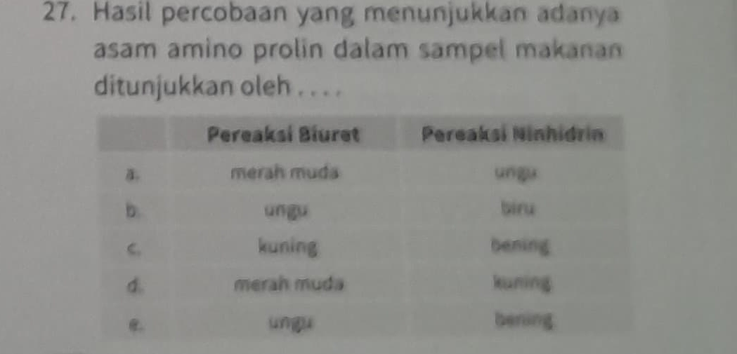 Hasil percobaan yang menunjukkan adanya 
asam amino prolin dalam sampel makanan 
ditunjukkan oleh . . . .