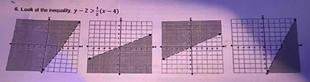 Look at the inequality. y-2> 1/2 (x-4)