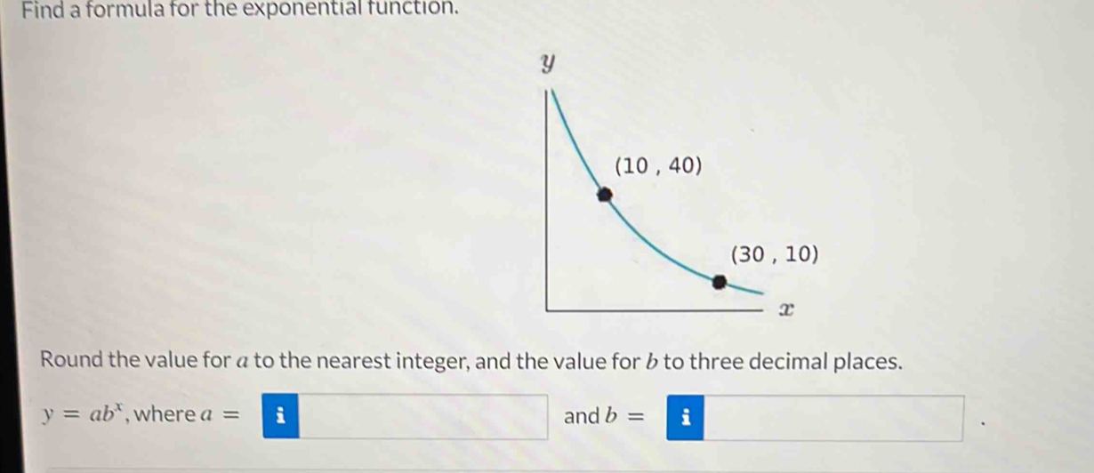 Find a formula for the exponential function.
Round the value for á to the nearest integer, and the value for b to three decimal places.
y=ab^x , where a= i and b= i