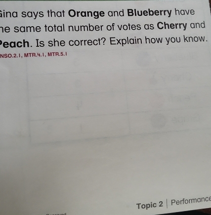 Gina says that Orange and Blueberry have 
he same total number of votes as Cherry and 
Peach. Is she correct? Explain how you know. 
NSO.2.1, MTR.4.1, MTR.5. 1 
Topic 2 | Performance