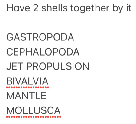 Have 2 shells together by it
GASTROPODA
CEPHALOPODA
JET PROPULSION
BIVALVIA
MANTLE
MOLLUSCA