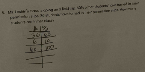 Ms. Leshin's class is going on a field trip. 60% of her students have turned in their 
permission slips. 36 students have turned in their permission slips. How many 
students are in her class?