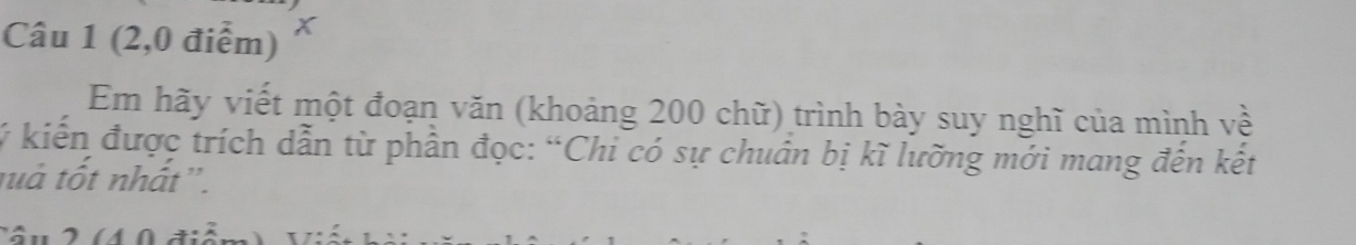 (2,0 điểm) X 
Em hãy viết một đoạn văn (khoảng 200 chữ) trình bày suy nghĩ của mình về
ý kiến được trích dẫn từ phần đọc: “Chi có sự chuân bị kĩ lưỡng mới mang đến kết 
tuả tốt nhất''.