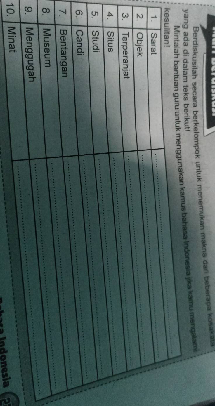 Berdiskusilah seçara berkelompok untuk menemukan makna dan beberapa kosakata 
yang ada di dalam teks berikut! 
n kamus bahasa Indonesia jika kamu mengalami
k
8
9
1
ra Indonesia