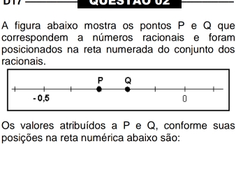 QoESTAUO2
A figura abaixo mostra os pontos P e Q que
correspondem a números racionais e foram
posicionados na reta numerada do conjunto dos
racionais.
Os valores atribuídos a P e Q, conforme suas
posições na reta numérica abaixo são: