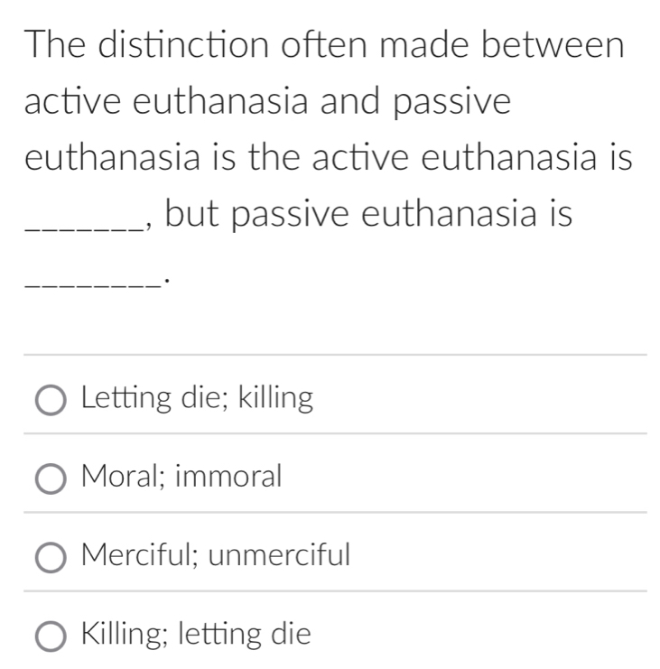 Solved: The distinction often made between active euthanasia and ...