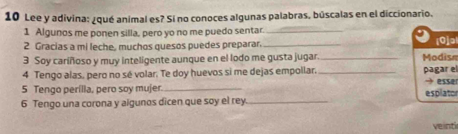 Lee y adivina: ¿qué animal es? Sí no conoces algunas palabras, búscalas en el diccionario. 
1 Algunos me ponen silla, pero yo no me puedo sentar._ 
2 Gracias a mi leche, muchos quesos puedes preparar. _[Ojol 
3 Soy cariñoso y muy inteligente aunque en el lodo me gusta jugar. _Modism 
4 Tengo alas, pero no sé volar. Te doy huevos si me dejas empollar. _pagar el 
→ esse 
5 Tengo perílla, pero soy mujer._ 
esplator 
6 Tengo una corona y algunos dicen que soy el rey._ 
veinti