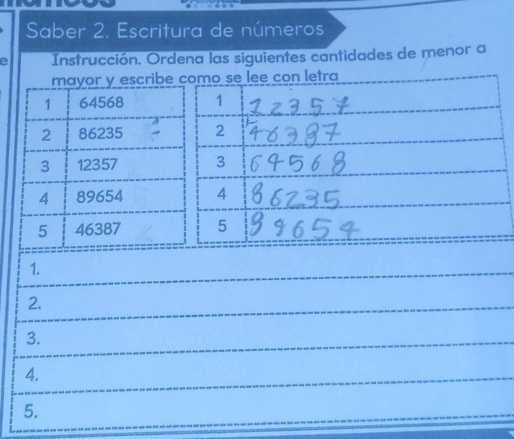 Saber 2. Escritura de números 
e Instrucción. Ordena las siguientes cantidades de menor a 
mayor y escribe 
1 64568
2 86235
3 12357
4 89654
5 46387
1. 
2. 
3. 
4. 
5.