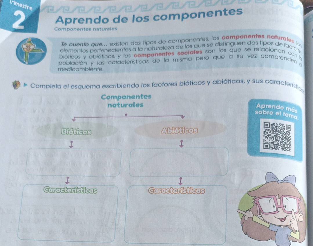 Trimestre 
2 Aprendo de los componentes 
Componentes naturales 
Te cuento que... existen dos tipos de componentes, los componentes naturales sor 
elementos pertenecientes a la naturaleza de los que se distinguen dos tipos de factore, 
bióticos y abióticos, y los componentes sociales son los que se relacionan con la 
población y las características de la misma pero que a su vez comprenden 
medioambiente. 
Completa el esquema escribiendo los factores bióticos y abióticos, y sus característic 
Componentes 
naturales 
Aprende más 
sobre el tema. 
Abióticos 
Características Características