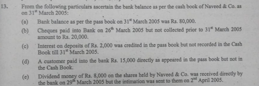 From the following particulars ascertain the bank balance as per the cash book of Naveed & Co. as 
on 31^(st) March 2005: 
(a) Bank balance as per the pass book on 31^n March 2005 was Rs. 80,000. 
(b) Cheques paid into Bank on 26^(th) March 2005 but not collected prior to 31^(st) March 2005 
amount to Rs. 20,000. 
(c) ` Interest on deposits of Rs. 2,000 was credited in the pass book but not recorded in the Cash 
Book till 31^(st) March 2005. 
(d) A customer paid into the bank Rs. 15,000 directly as appeared in the pass book but not in 
the Cash Book. 
(e) Dividend money of Rs. 8,000 on the shares held by Naveed & Co. was received directly by 
the bank on 29^(th) March 2005 but the intimation was sent to them on 2^(nd) April 2005.