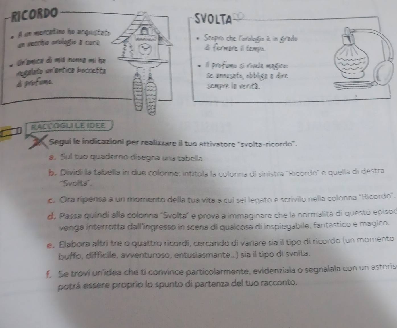 VOLTA 
Scopro che l'orologio é in grado 
di fermore il tempo. 
Il profumo si rivela magico: 
se annusato, obbliga a dire 
sempre la verità. 
RACCOGLI LE IDEE 
Seguí le indicazioni per realizzare il tuo attivatore “svolta-ricordo”. 
a. Sul tuo quaderno disegna una tabella. 
b. Dividi la tabella in due colonne: intitola la colonna di sinistra "Ricordo" e quella di destra 
''Svolta''. 
c. Ora ripensa a un momento della tua vita a cui sei legato e scrivilo nella colonna "Ricordo”. 
d, Passa quíndi alla colonna "Svolta" e prova a immaginare che la normalità di questo episod 
venga interrotta dall ingresso in scena di qualcosa di inspiegabile, fantastico e magico. 
e, Elabora altrí tre o quattro ricordi, cercando di variare sia il tipo di ricordo (un momento 
buffo, difficile, avventuroso, entusiasmante..) sia il tipo di svolta. 
f. Se trovi un'idea che ti convince particolarmente, evidenziala o segnalala con un asteris 
potrá essere proprio lo spunto di partenza del tuo racconto.