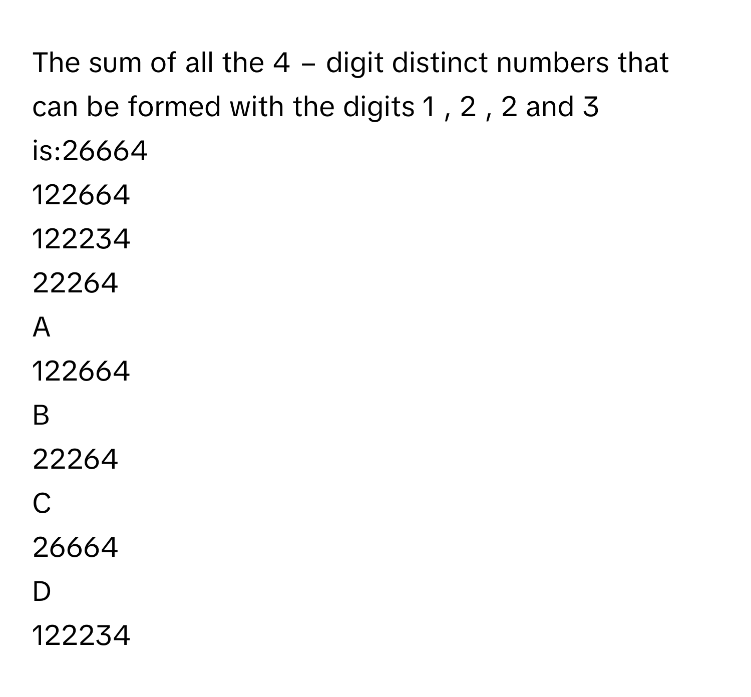 Solved: The sum of all the 4 − digit distinct numbers that can be ...