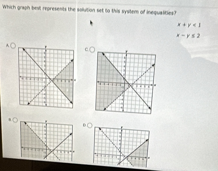 Which graph best represents the solution set to this system of inequalities?
x+y<1</tex>
x-y≤ 2
A
C. (
B.
D.
r
s
.
=6 -5
=4 . 1 -3 ` s 6