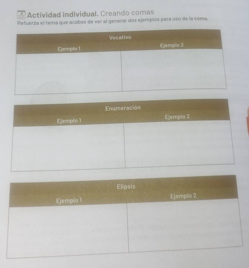 Actividad individual. Creando comas 
Refuerza el tema que acabas de ver al generar dos ejemplos para uso de la coma.