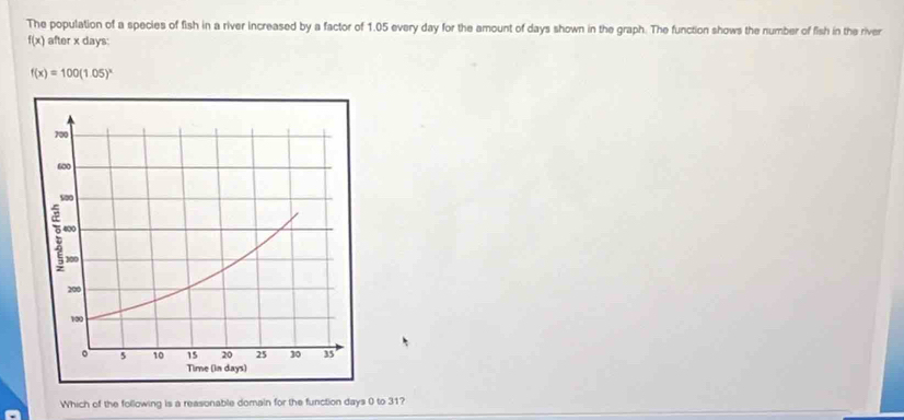 The population of a species of fish in a river increased by a factor of 1.05 every day for the amount of days shown in the graph. The function shows the number of fish in the river
f(x) after x days :
f(x)=100(1.05)^x
Which of the following is a reasonable domain for the function days 0 to 31?