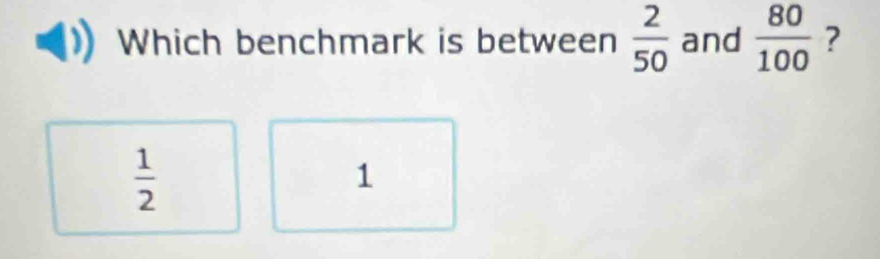 Which benchmark is between  2/50  and  80/100  ?
 1/2 
1