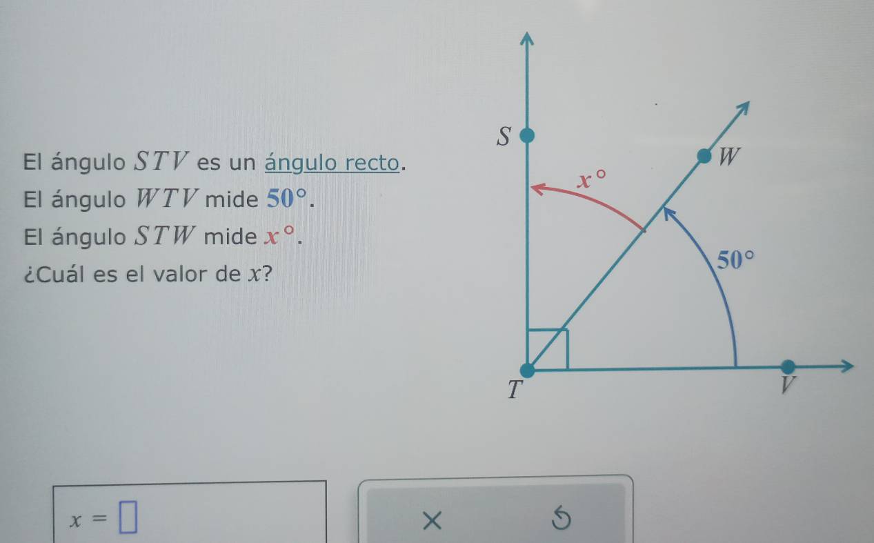 Solved: El ángulo STV es un ángulo recto. El ángulo WTV mide 50°. El ...